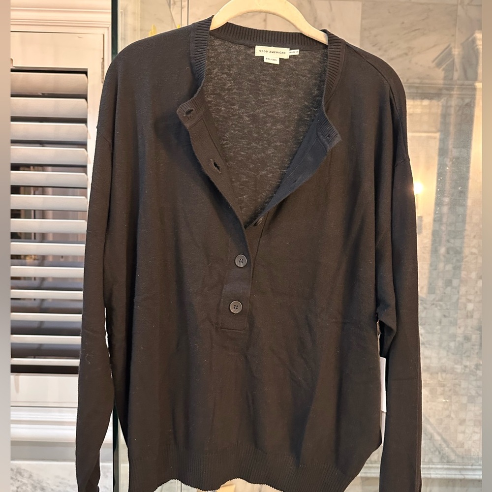 Good American Tissue Weight Cotton Blend Henley Sweater Black NWT 2XL/3 XL